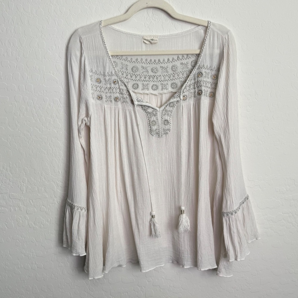 Natural Life Womens Rayon Blouse M White Embroidered Gauze Tassel Top Boho Beach